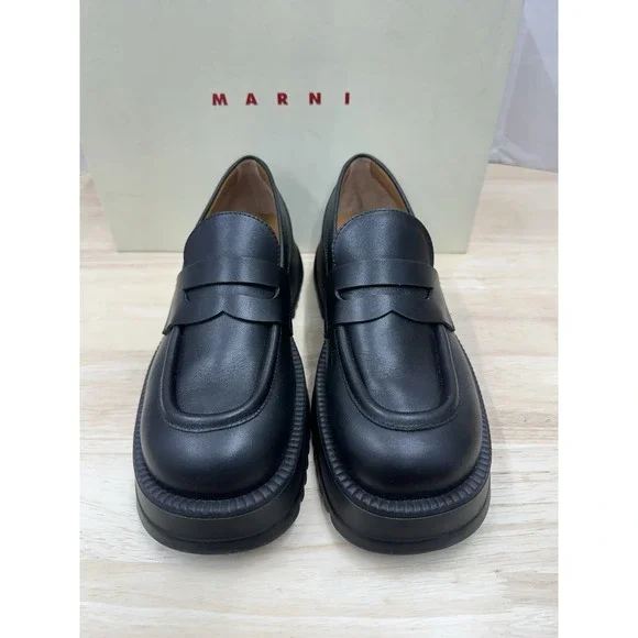MARNI Women's 38 Oversized Moccasin Shoes Black Leather Platform Loafers - NEW - Picture 2 of 8